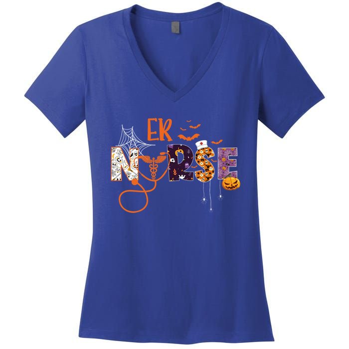 Emergency Nurse Er Nurse Halloween Spooky Season Nursing Funny Gift Women's V-Neck T-Shirt