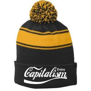 Enjoy Capitalism Stripe Pom Pom Beanie