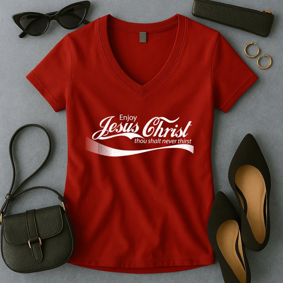 Enjoy Jesus Christ Thou Shalt Never Thirst Women's V-Neck T-Shirt