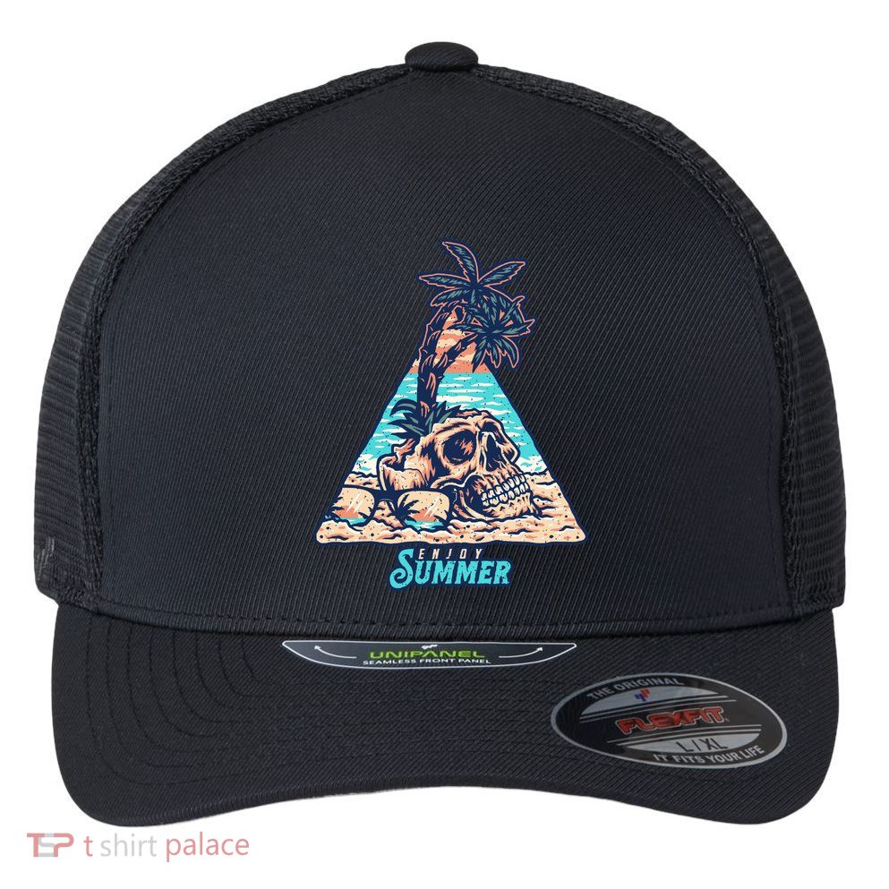 Enjoy Tropical Summer Vacation Skull Flexfit Unipanel Trucker Cap