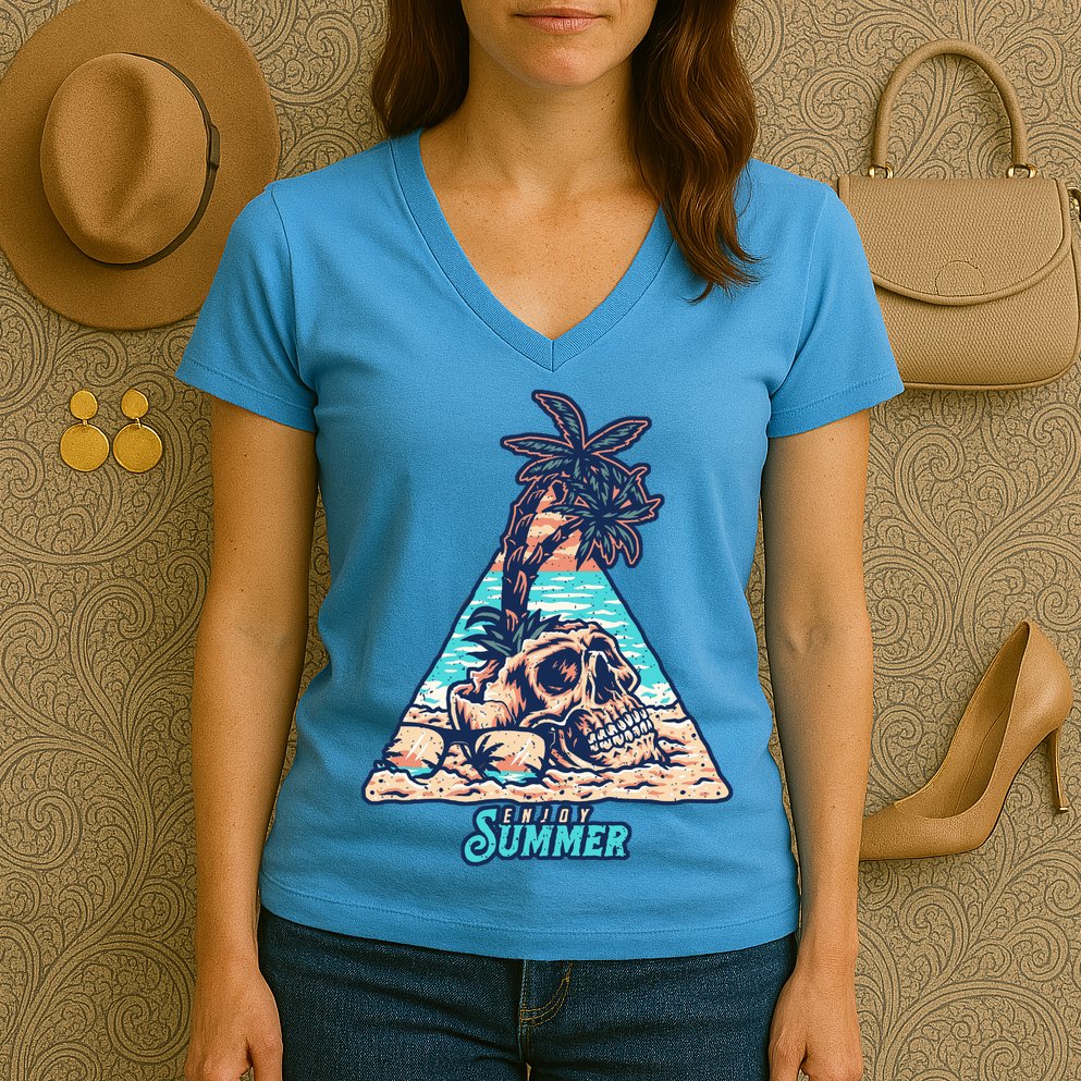 Enjoy Tropical Summer Vacation Skull Women's V-Neck T-Shirt