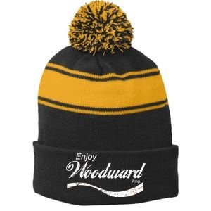 Enjoy Woodward Ave Stripe Pom Pom Beanie