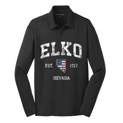 Elko Nevada Nv Vintage American Flag Sports Design Silk Touch Performance Long Sleeve Polo