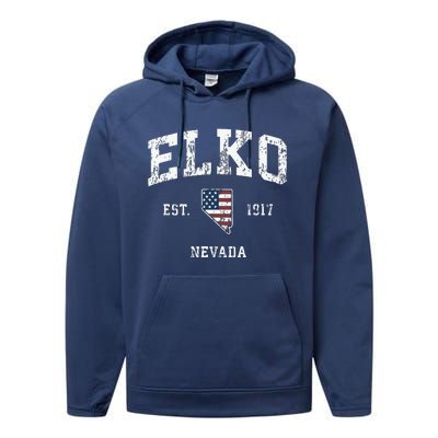 Elko Nevada Nv Vintage American Flag Sports Design Performance Fleece Hoodie