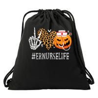 Er Nurse Peace Love Pumpkin Funny Halloween Leopard Drawstring Bag