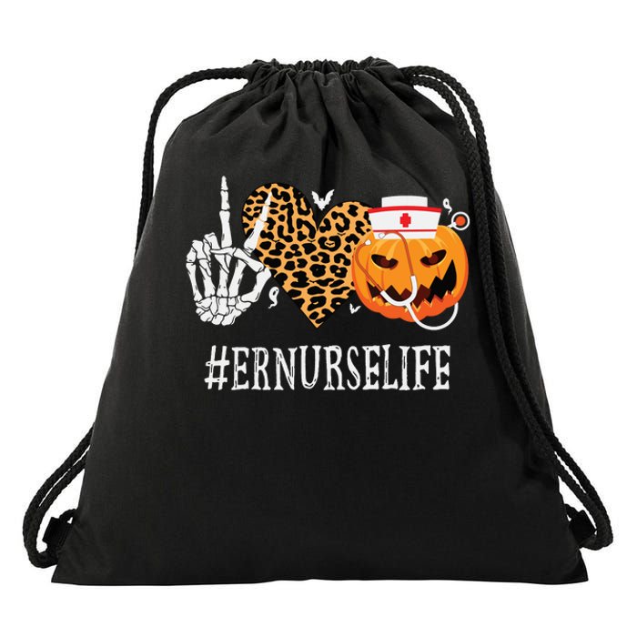 Er Nurse Peace Love Pumpkin Funny Halloween Leopard Drawstring Bag