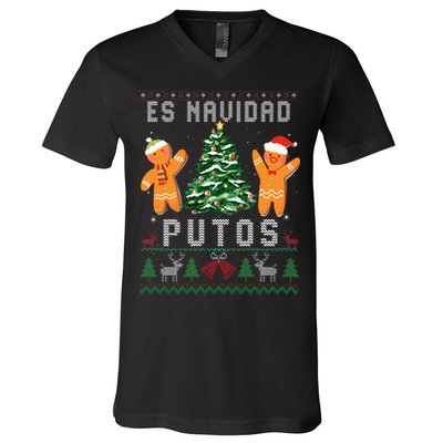 Es Navidad Putos Ugly Christmas Sweater Latino Feliz Navidad V-Neck T-Shirt