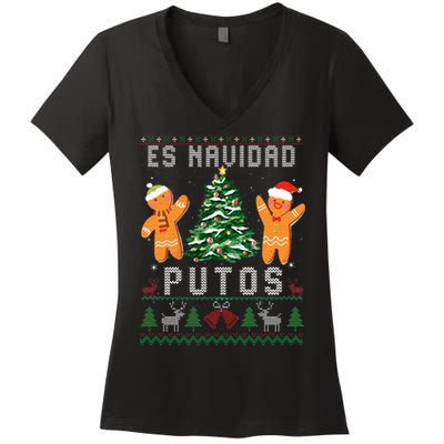 Es Navidad Putos Ugly Christmas Sweater Latino Feliz Navidad Women's V-Neck T-Shirt