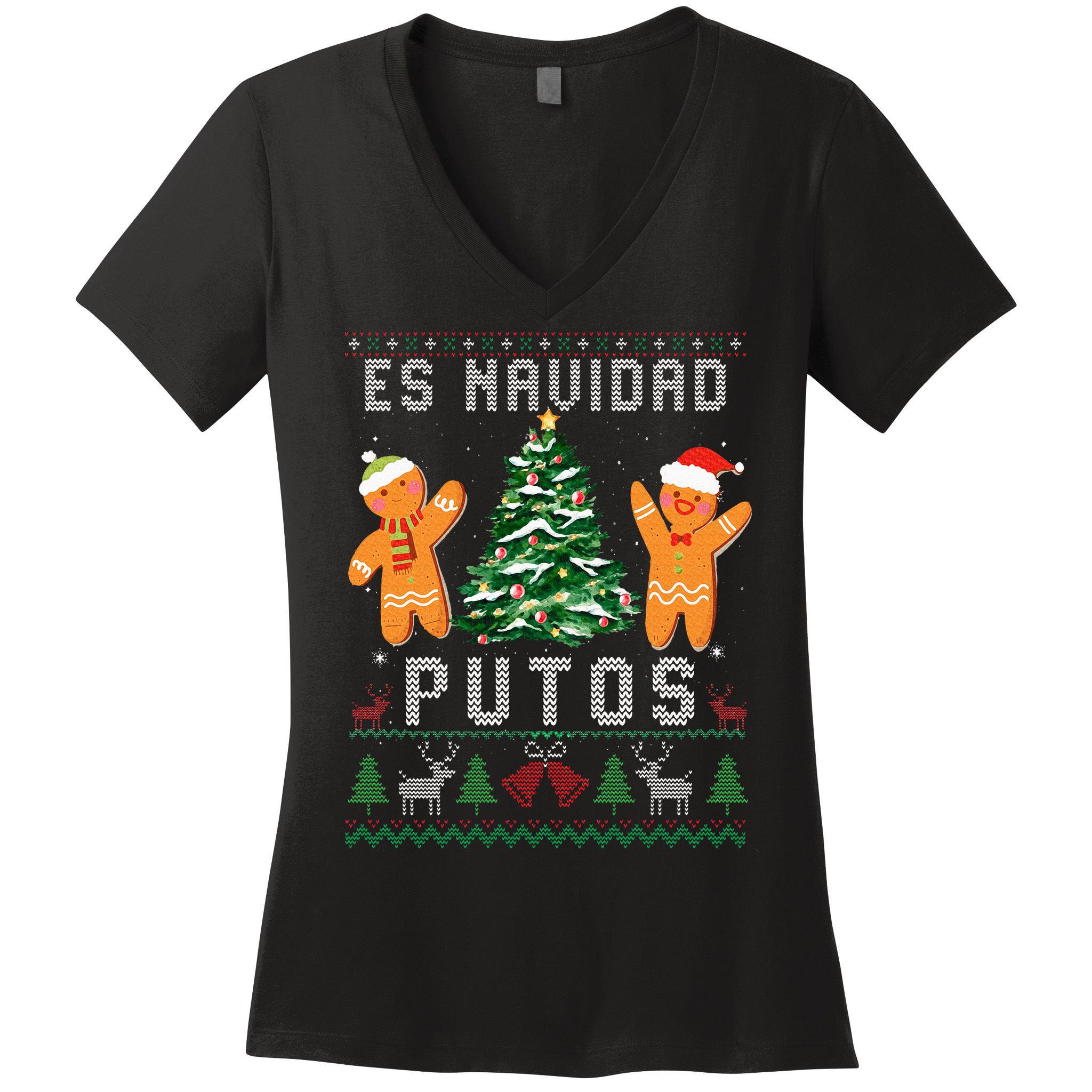 Es Navidad Putos Ugly Christmas Sweater Latino Feliz Navidad Women's V-Neck T-Shirt
