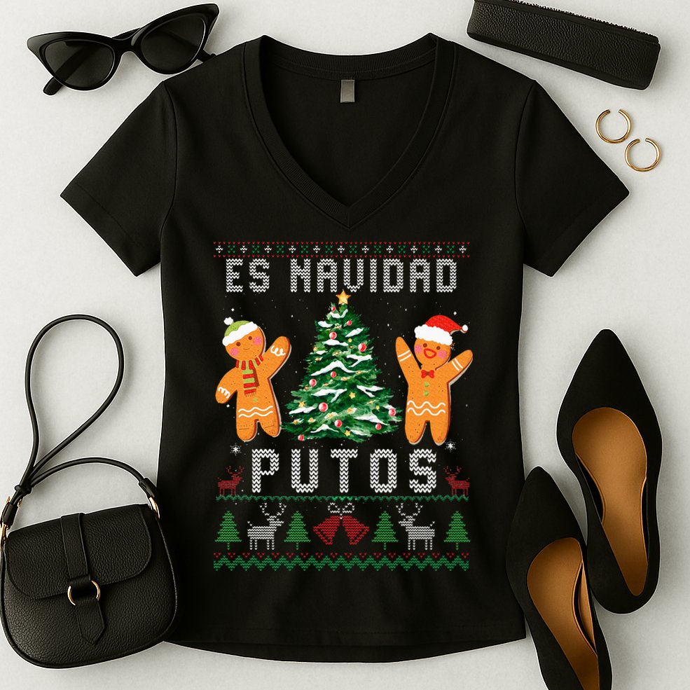 Es Navidad Putos Ugly Christmas Sweater Latino Feliz Navidad Women's V-Neck T-Shirt