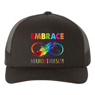 Embrace Neurodiverity Rainbow Infinity Feather Autism Yupoong Adult 5-Panel Trucker Hat