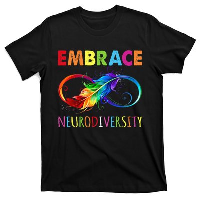 Embrace Neurodiverity Rainbow Infinity Feather Autism T-Shirt