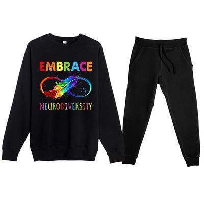 Embrace Neurodiverity Rainbow Infinity Feather Autism Premium Crewneck Sweatsuit Set