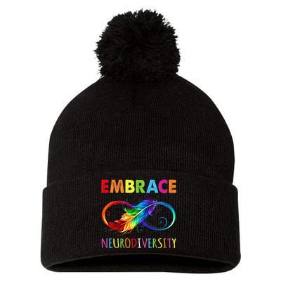 Embrace Neurodiverity Rainbow Infinity Feather Autism Pom Pom 12in Knit Beanie