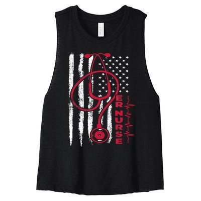 ER Nurse With American Flag Design Women's Racerback Cropped Tank