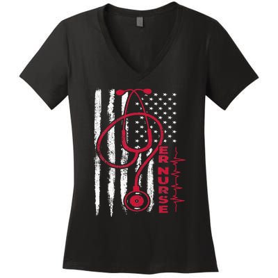 ER Nurse With American Flag Design Women's V-Neck T-Shirt