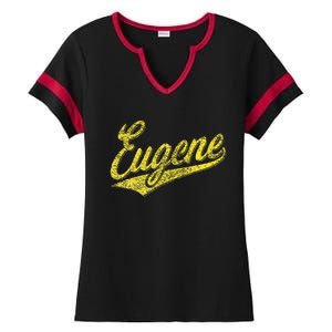 Eugene Oregon Flag Sports Baseball Script Jersey Swoosh Ladies Halftime Notch Neck Tee