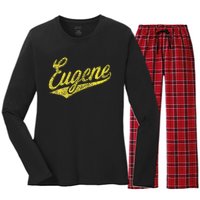 Eugene Oregon Flag Sports Baseball Script Jersey Swoosh Women's Long Sleeve Flannel Pajama Set 