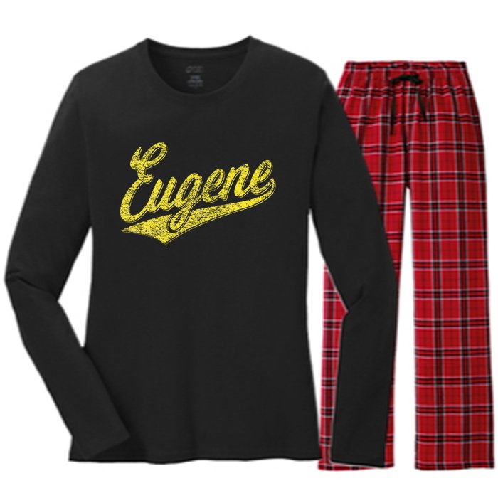 Eugene Oregon Flag Sports Baseball Script Jersey Swoosh Women's Long Sleeve Flannel Pajama Set 