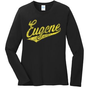 Eugene Oregon Flag Sports Baseball Script Jersey Swoosh Ladies Long Sleeve Shirt