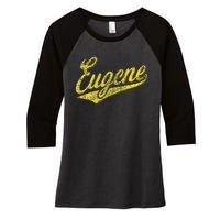 Eugene Oregon Flag Sports Baseball Script Jersey Swoosh Women's Tri-Blend 3/4-Sleeve Raglan Shirt