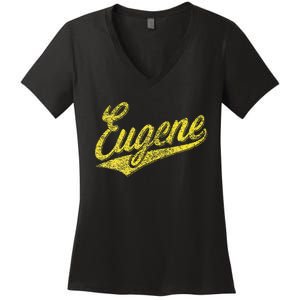 Eugene Oregon Flag Sports Baseball Script Jersey Swoosh Women's V-Neck T-Shirt