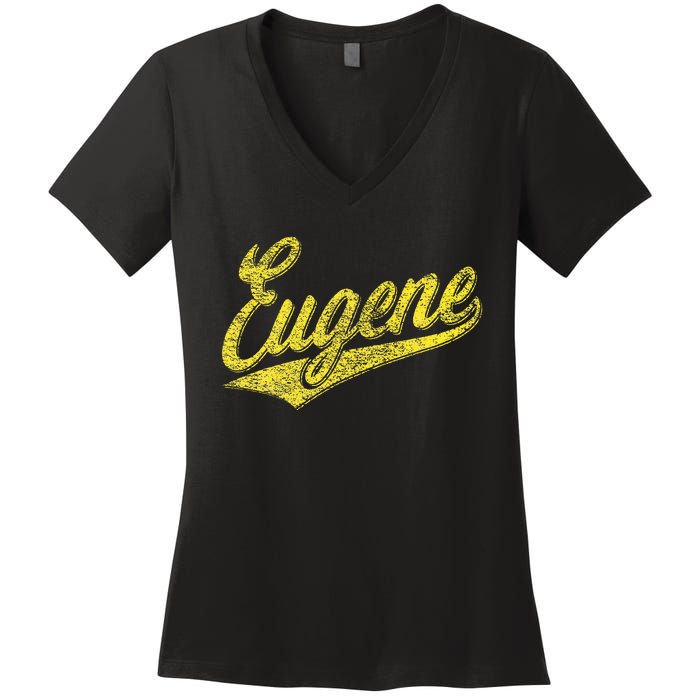 Eugene Oregon Flag Sports Baseball Script Jersey Swoosh Women's V-Neck T-Shirt