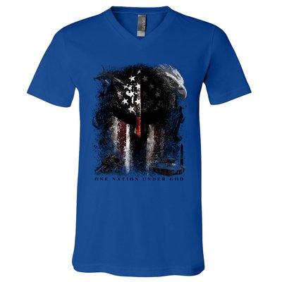 Epic One Nation Under God Usa Military Spartan Helmet Gift V-Neck T-Shirt