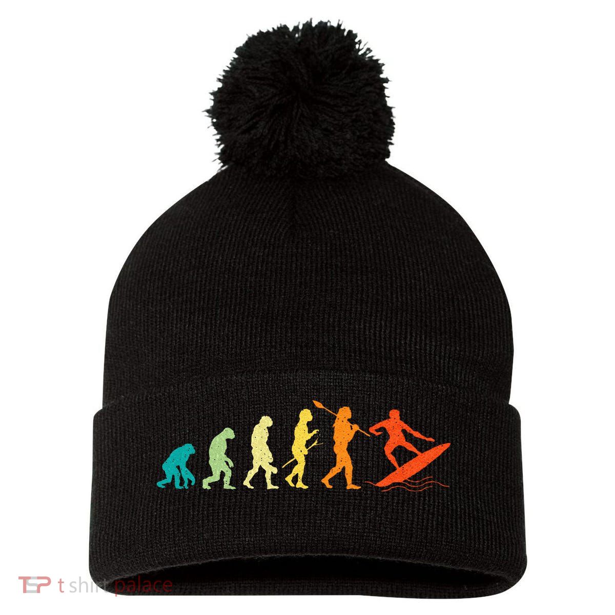 Evolution Of Surfers Surfboard Surfboarder Surfing Pom Pom 12in Knit Beanie