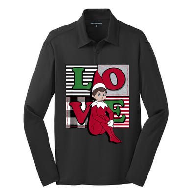 Elf On The Shelf Christmas Love Stacked Plaid Squares Logo Silk Touch Performance Long Sleeve Polo