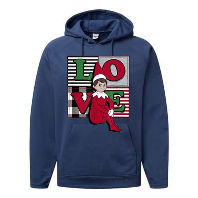 Elf On The Shelf Christmas Love Stacked Plaid Squares Logo Performance Fleece Hoodie