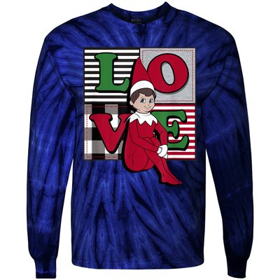 Elf On The Shelf Christmas Love Stacked Plaid Squares Logo Tie-Dye Long Sleeve Shirt