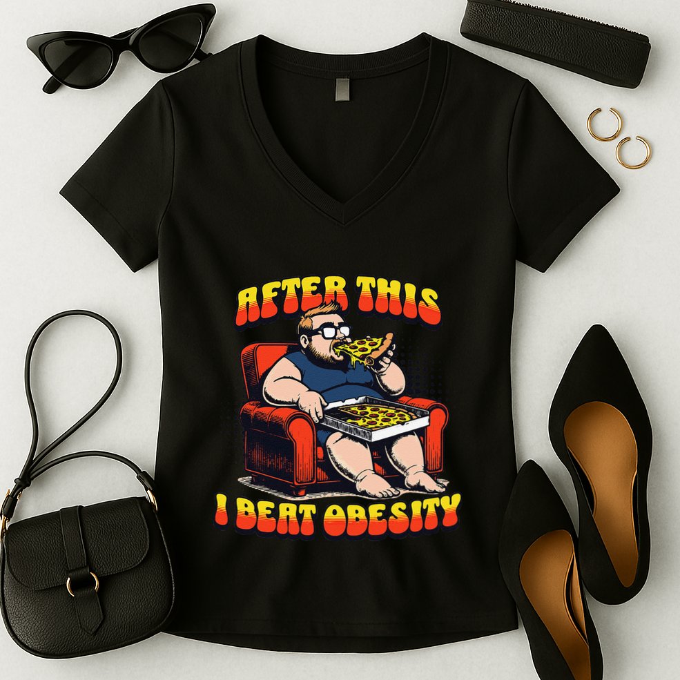 Eat Pizza And Beat Obesity Women's V-Neck T-Shirt