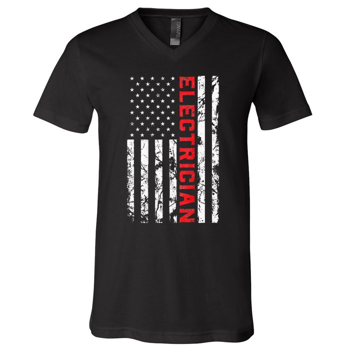 Electrician Patriotic American flag electrician father day V-Neck T-Shirt