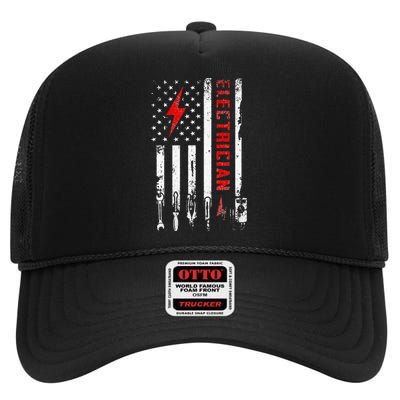 Electrician Patriotic American Flag Electrician Gift High Crown Mesh Back Trucker Hat