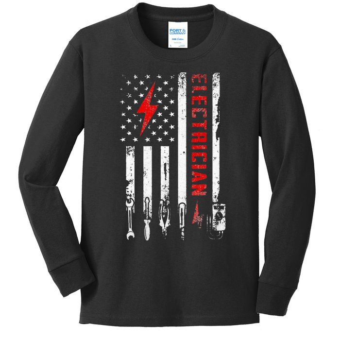 Electrician Patriotic American Flag Electrician Gift Kids Long Sleeve Shirt