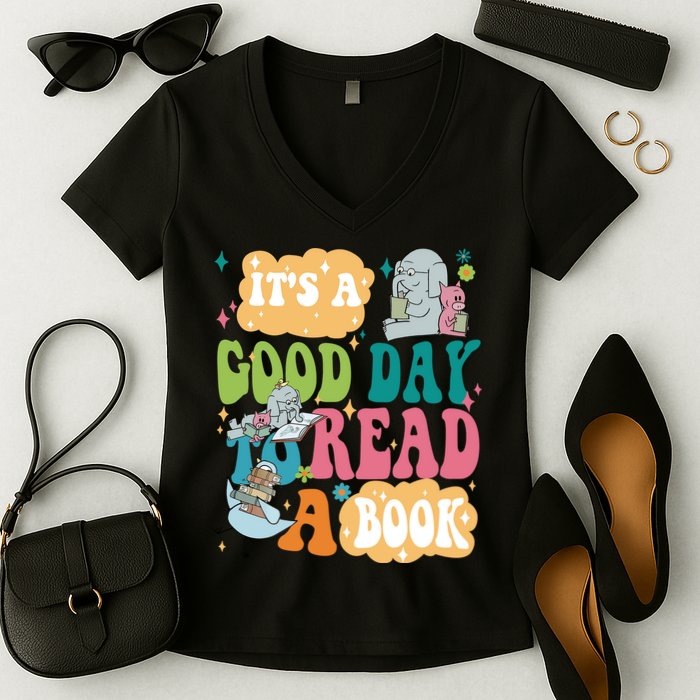 Elephant Piggie And Pigeon Its A Good Day To Read A Book Back To Scho Women's V-Neck T-Shirt