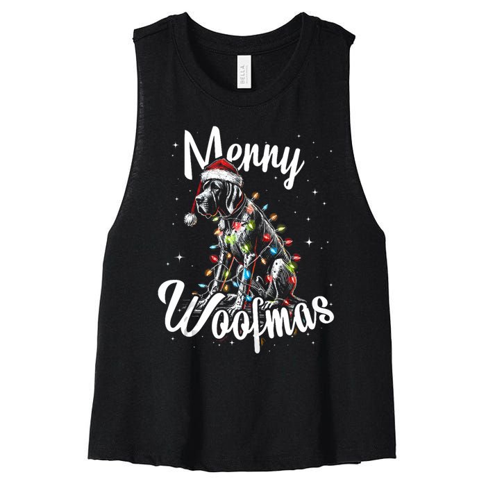 English Pointer Dog Merry Woofmas Christmas Lights Santa Hat Tank Top Women's Racerback Cropped Tank