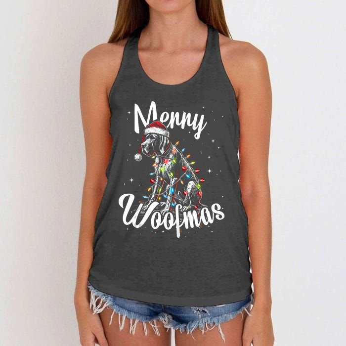 English Pointer Dog Merry Woofmas Christmas Lights Santa Hat Tank Top Women's Knotted Racerback Tank