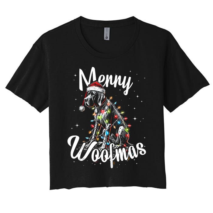 English Pointer Dog Merry Woofmas Christmas Lights Santa Hat Tank Top Women's Crop Top Tee