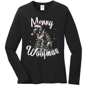 English Pointer Dog Merry Woofmas Christmas Lights Santa Hat Tank Top Ladies Long Sleeve Shirt