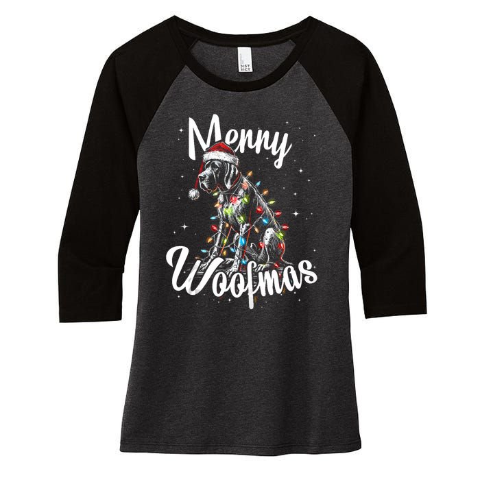 English Pointer Dog Merry Woofmas Christmas Lights Santa Hat Tank Top Women's Tri-Blend 3/4-Sleeve Raglan Shirt