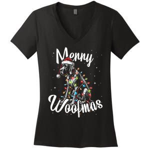 English Pointer Dog Merry Woofmas Christmas Lights Santa Hat Tank Top Women's V-Neck T-Shirt