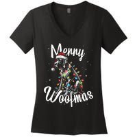 English Pointer Dog Merry Woofmas Christmas Lights Santa Hat Tank Top Women's V-Neck T-Shirt