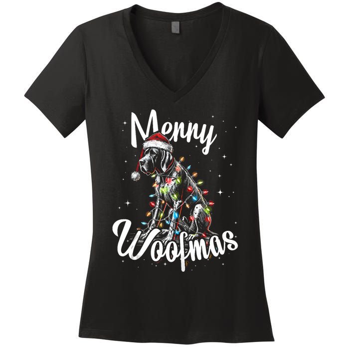 English Pointer Dog Merry Woofmas Christmas Lights Santa Hat Tank Top Women's V-Neck T-Shirt