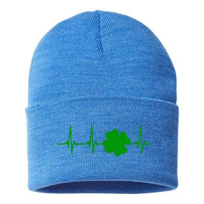 Ekg Pulse Heart Beat Shamrock For St Patricks Day Nurse Gift Sustainable Knit Beanie