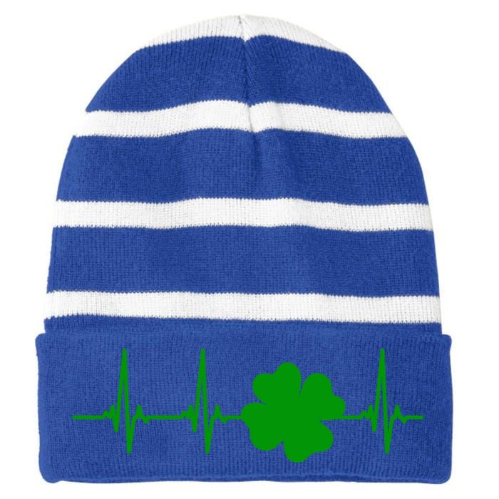 Ekg Pulse Heart Beat Shamrock For St Patricks Day Nurse Gift Striped Beanie with Solid Band