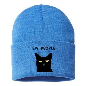 Ew People I Hate People Funny Black Cat Yellow Eyes Gift Sustainable Knit Beanie