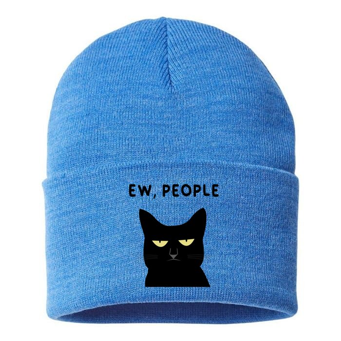 Ew People I Hate People Funny Black Cat Yellow Eyes Gift Sustainable Knit Beanie