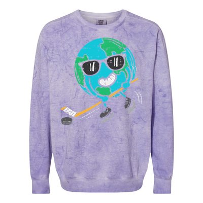 Earth Playing Ice Hockey Earth Day Sports Colorblast Crewneck Sweatshirt